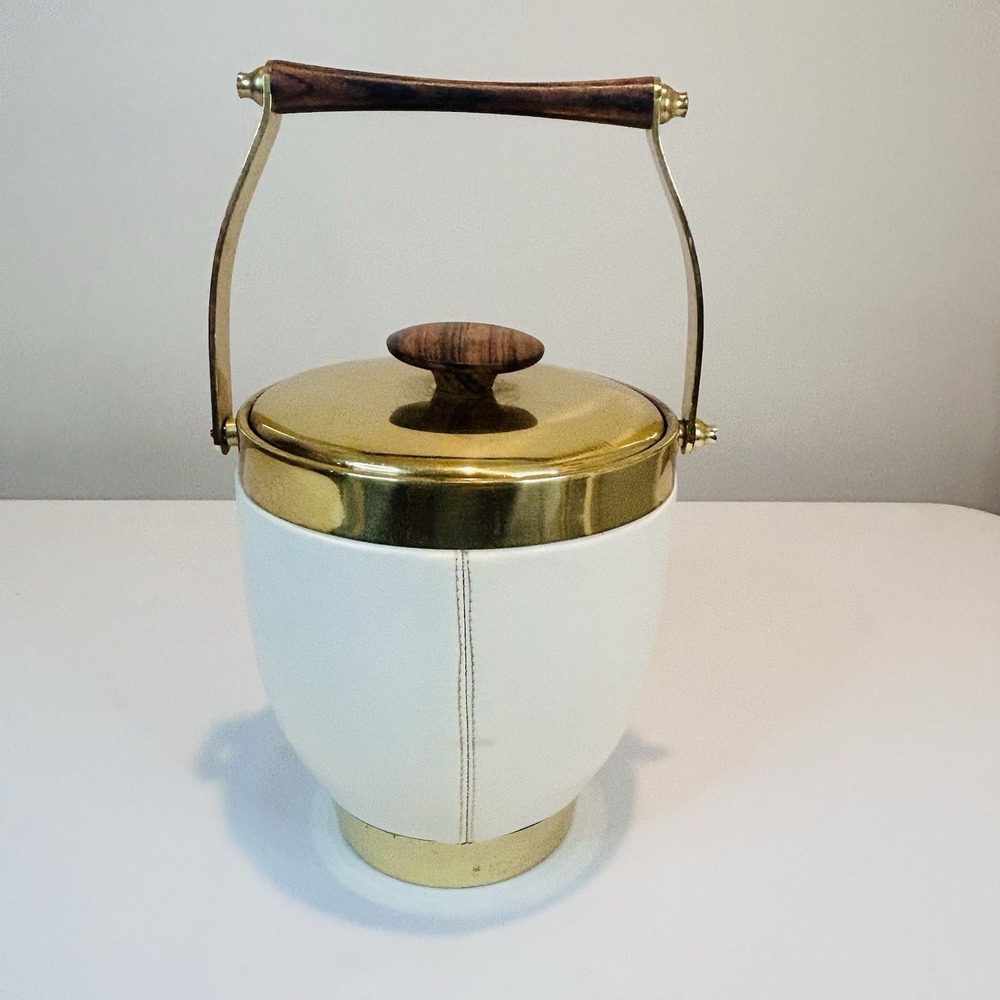 Vintage Irvinware MCM Ice Bucket Faux Leather Brass Wood Handle Insulated